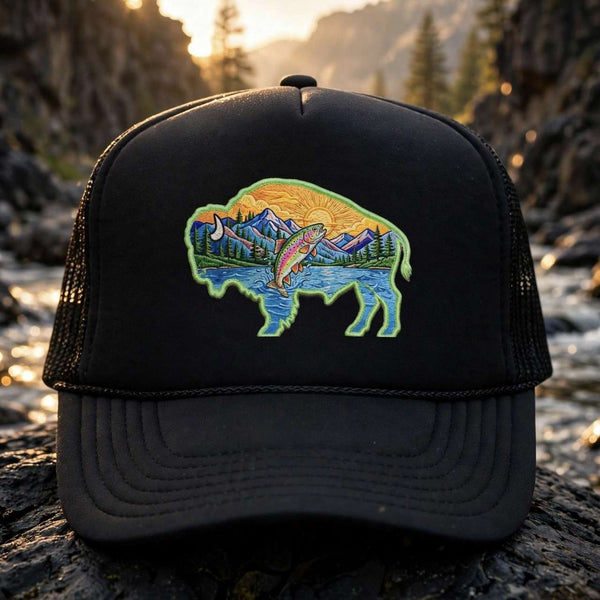 Sunset Buffalo Mountain Patch Foam Trucker Hat | Clear Water Trading Co.