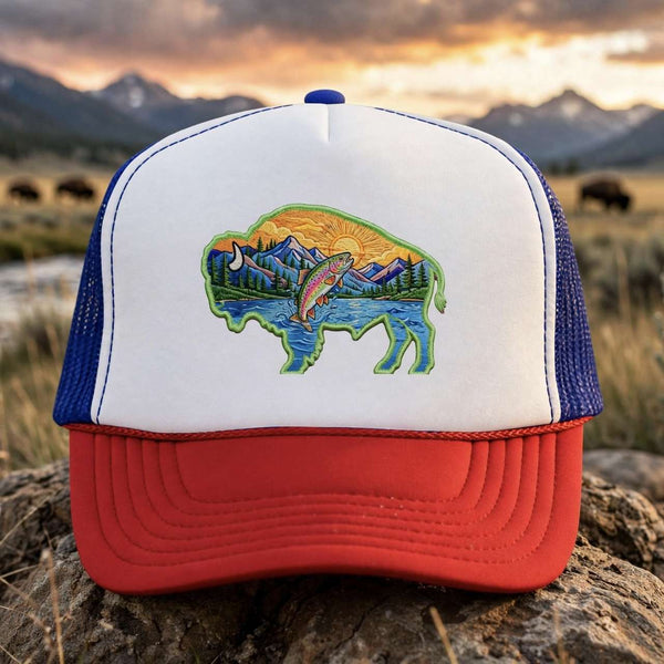 Sunset Buffalo Mountain Patch Foam Trucker Hat | Clear Water Trading Co.
