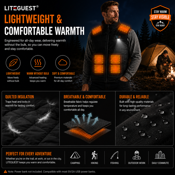 LITEGUEST 15-Zone Dual Control LED Safety Heated Vest | USB Heating