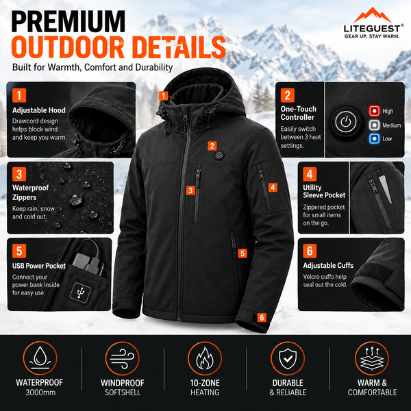 LITEGUEST 10-Zone Heated Softshell Jacket | USB Winter Jacket