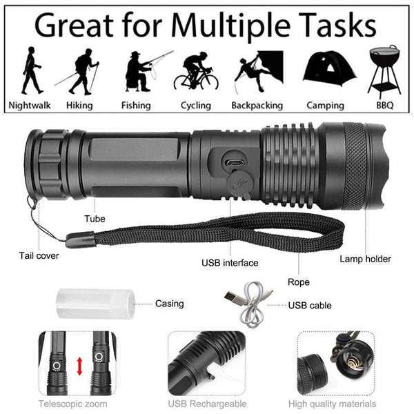 Adjustable Rechargeable Powerful Zoomable LED USB Flashlights High Lumens Powerful Tactical Waterproof Super Bright Flashlights Best For Camping Outdoor Hiking Running Riding