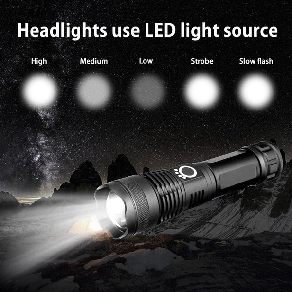 Adjustable Rechargeable Powerful Zoomable LED USB Flashlights High Lumens Powerful Tactical Waterproof Super Bright Flashlights Best For Camping Outdoor Hiking Running Riding