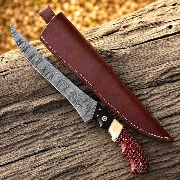 Damascus Fish Fillet Knife – Red Honeycomb & Camel Bone Handle