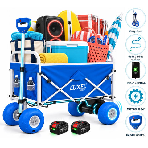 Electric Beach Wagon 500W – Motorized Folding Cart with Balloon Wheels Blue