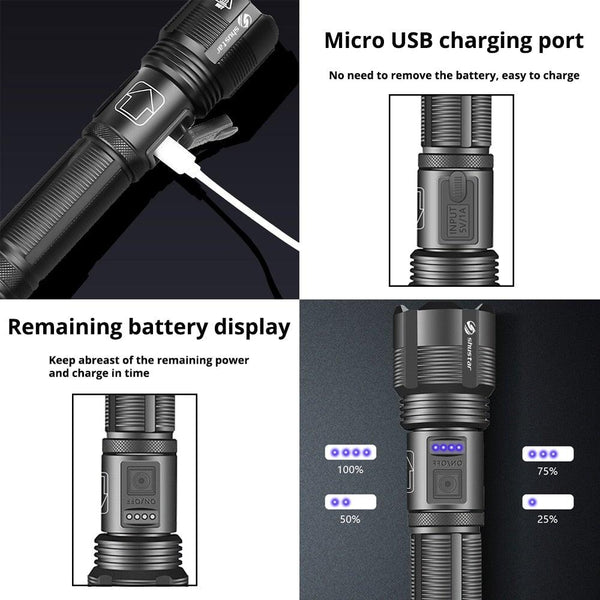 Rechargeable Adjustable Led Flashlights With High Lumen With Battery Display Super Bright Waterproof Flashlight 5 Lighting Modes For Adventure Hiking Camping Hunting New Design