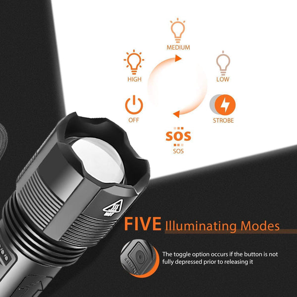 Rechargeable Adjustable Led Flashlights With High Lumen With Battery Display Super Bright Waterproof Flashlight 5 Lighting Modes For Adventure Hiking Camping Hunting New Design