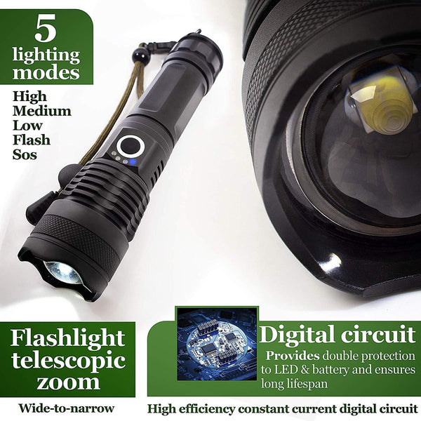Rechargeable LED Flashlights Waterproof Hnadheld Super Bright High Lumens Zoomable Powerful Lamp Bead Flashlight Torch For Outdoor & Indoor Camping Running Fishing Hiking Lamp