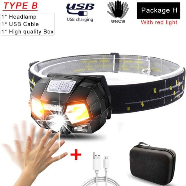 Rechargeable Powerful USB LED High Lumen Headlamp Ultra-Light Bright Headlight Waterproof Sensor Head Light For Outdoors Camping Running Hiking Biking Fishing