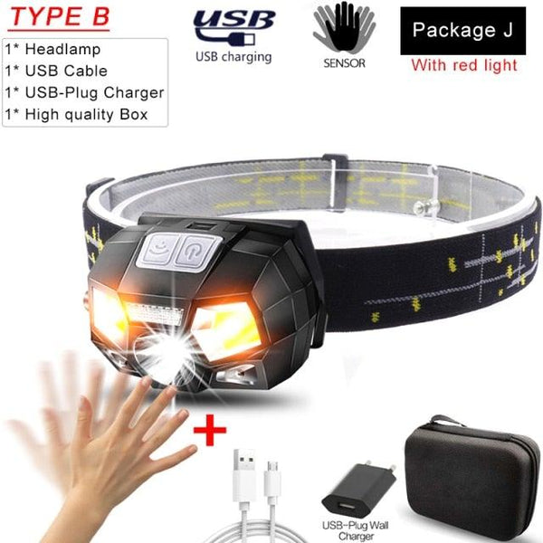 Rechargeable Powerful USB LED High Lumen Headlamp Ultra-Light Bright Headlight Waterproof Sensor Head Light For Outdoors Camping Running Hiking Biking Fishing