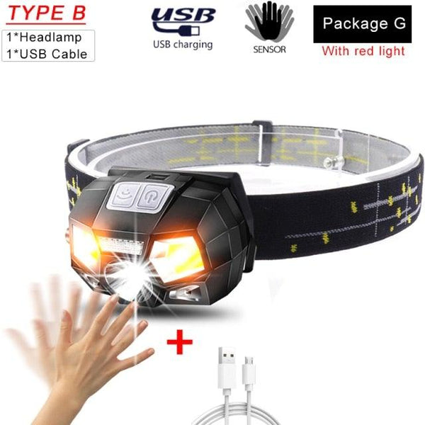 Rechargeable Powerful USB LED High Lumen Headlamp Ultra-Light Bright Headlight Waterproof Sensor Head Light For Outdoors Camping Running Hiking Biking Fishing