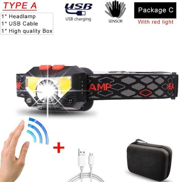 Rechargeable Powerful USB LED High Lumen Headlamp Ultra-Light Bright Headlight Waterproof Sensor Head Light For Outdoors Camping Running Hiking Biking Fishing