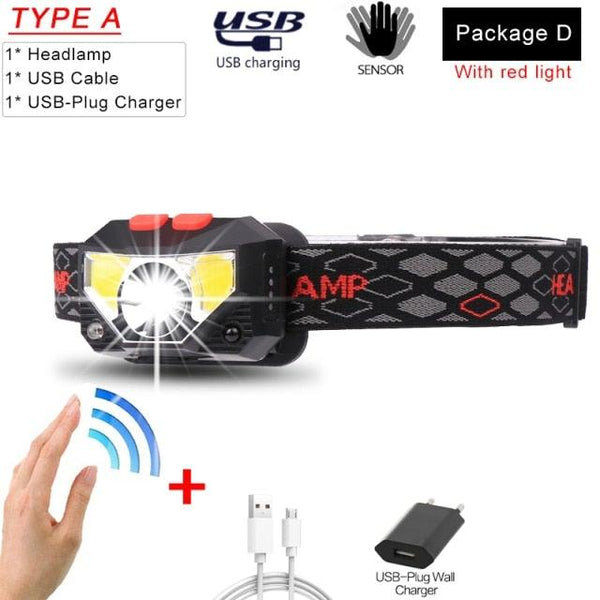 Rechargeable Powerful USB LED High Lumen Headlamp Ultra-Light Bright Headlight Waterproof Sensor Head Light For Outdoors Camping Running Hiking Biking Fishing