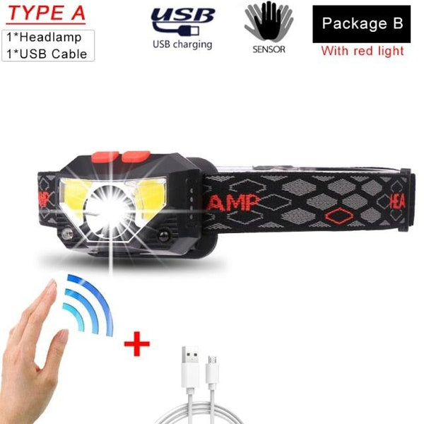 Rechargeable Powerful USB LED High Lumen Headlamp Ultra-Light Bright Headlight Waterproof Sensor Head Light For Outdoors Camping Running Hiking Biking Fishing