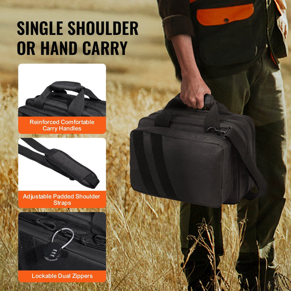 Range Bag for 2 Pistols, Tactical Gun Bag with 2 Built-in Removable Pistol Bags & 6 Detachable Magazines, Gun Range Bag for Outdoor Hunting Shooting, Lockable Carrying Handgun Bag Case