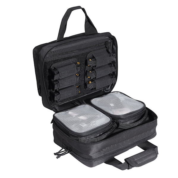 Range Bag for 2 Pistols, Tactical Gun Bag with 2 Built-in Removable Pistol Bags & 6 Detachable Magazines, Gun Range Bag for Outdoor Hunting Shooting, Lockable Carrying Handgun Bag Case