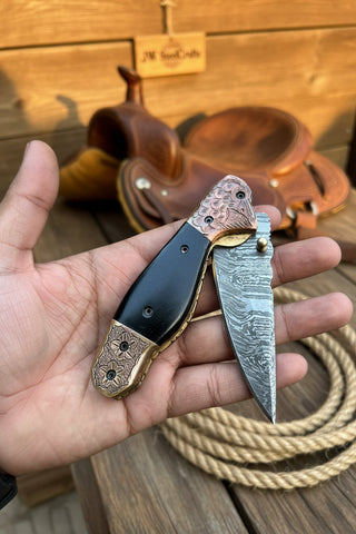 Duskhorn Damascus Folder 7.5" Handmade Micarta Handle Horn Bolster