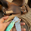 Jadeline Damascus Folder 7" Handmade Turquoise-Green Resin Handle