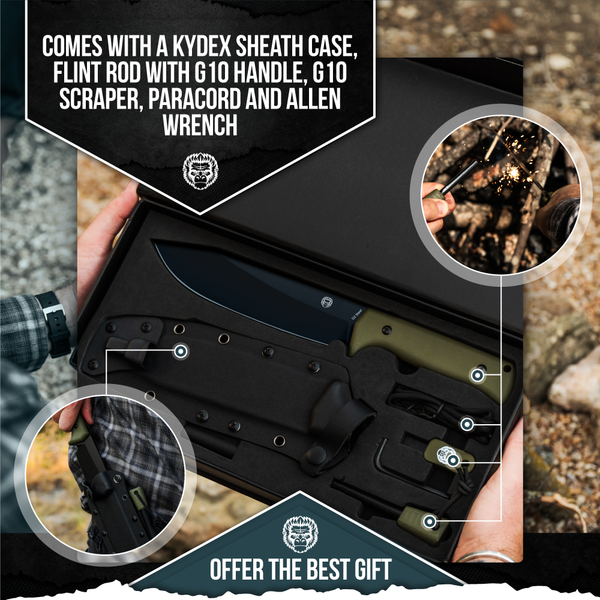The Congo D2 Steel Bushcraft Survival Knife Gift Set (Black Blade + Green Handle)