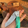 Jadeline Damascus Folder 7" Handmade Turquoise-Green Resin Handle