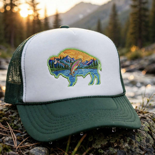 Sunset Buffalo Mountain Patch Foam Trucker Hat | Clear Water Trading Co.