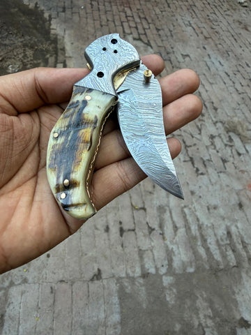 Pearlridge Damascus Folder 7" Handmade Mother of Pearl Lock Back