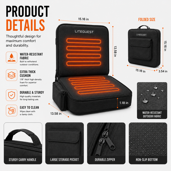 LITEGUEST Heated Stadium Seat with Back Support | USB Powered