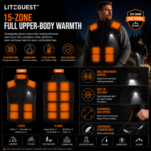 LITEGUEST 15-Zone Dual Control LED Safety Heated Vest | USB Heating