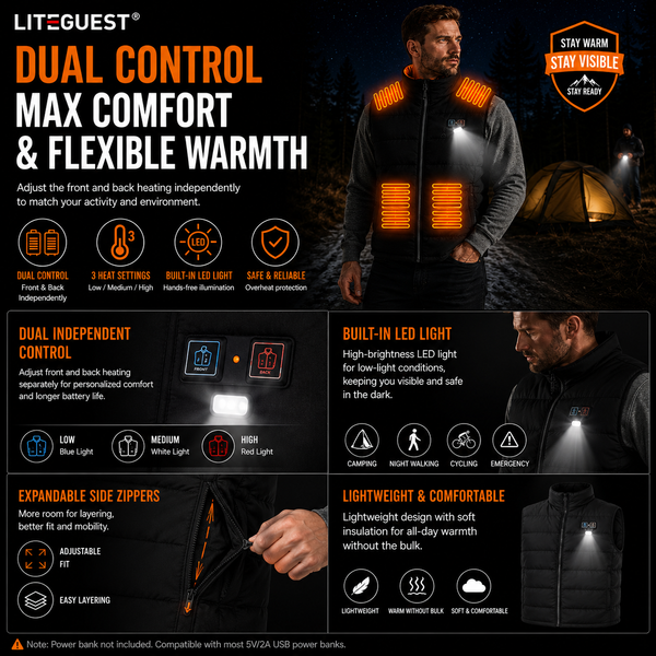 LITEGUEST 15-Zone Dual Control LED Safety Heated Vest | USB Heating