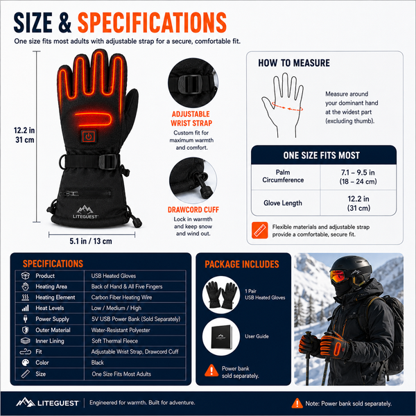 LITEGUEST USB Heated Gloves | Rechargeable Winter Heated Gloves