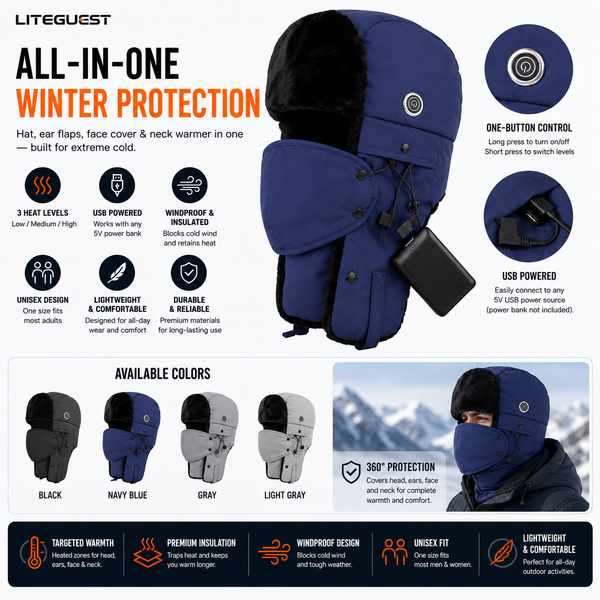 LITEGUEST Heated Trapper Hat | Heated Winter Hat with Face Cover