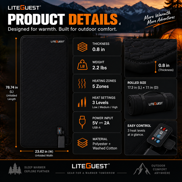 LITEGUEST 5-Zone USB Heated Sleeping Mat | Camping Sleeping Pad
