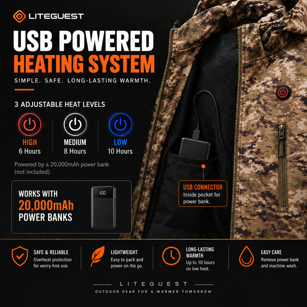 LITEGUEST 7-Zone Heated Jacket | Camo Outdoor Jacket with USB Power