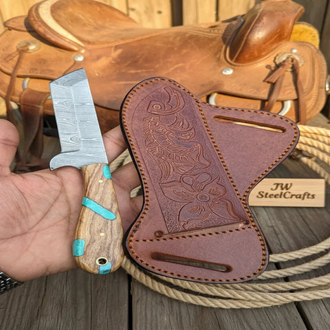 Rancher's Bull Knife 6" Handmade Damascus Turquoise Accent Handle