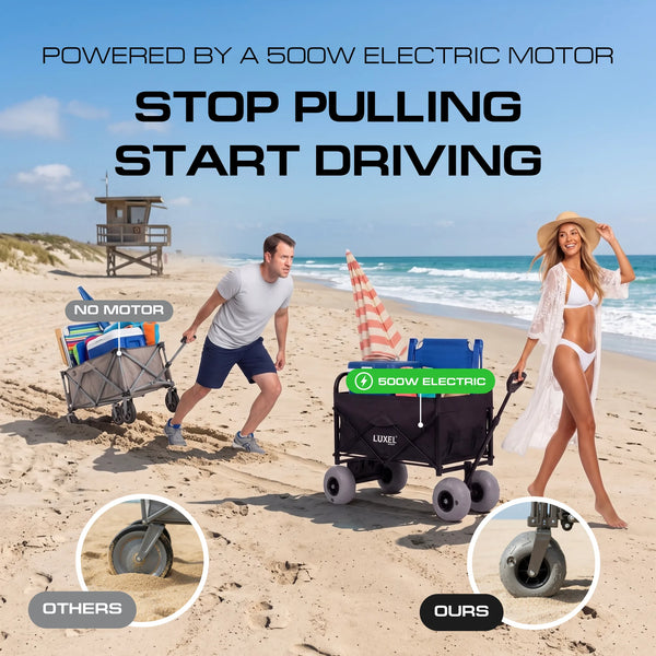 Electric Beach Wagon 500W – Motorized Folding Cart with Balloon Wheels Black