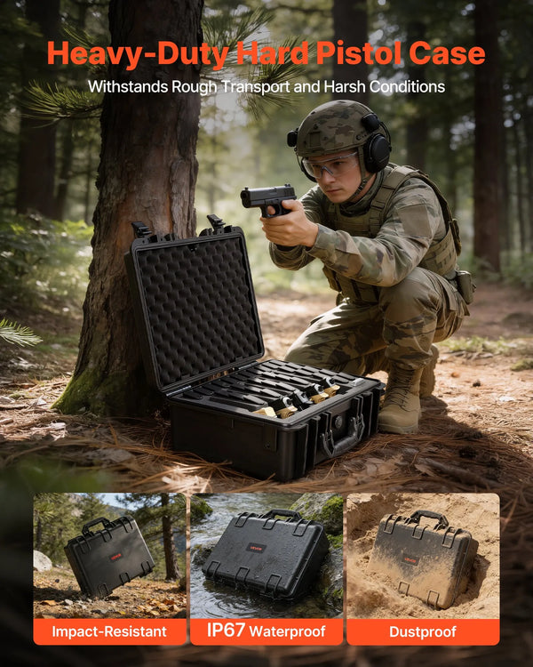 Hard Pistol Case, Heavy Duty Hard Gun Case with XPE Foam Lining, Waterproof Pistol Storage Box with Customizable Interior & Handle for Gun, Lenses, Camera, Gear, TSA Compliant, 18.7x12.5x7.5 in