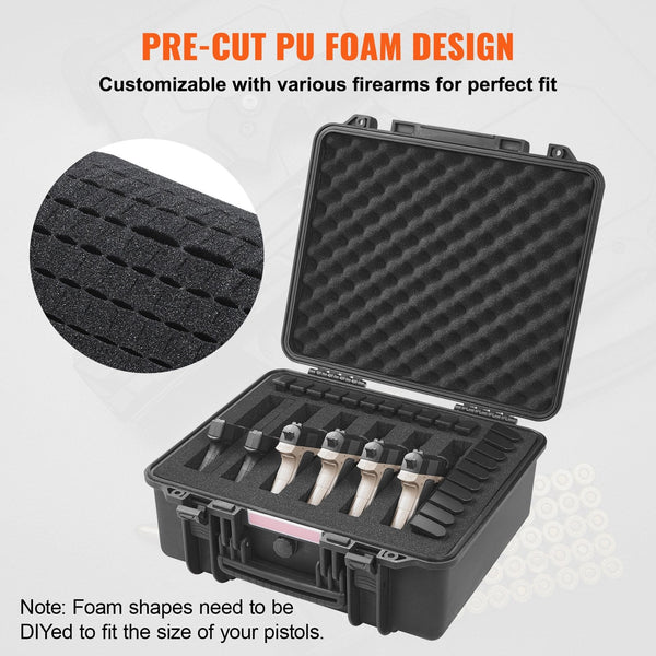 Hard Pistol Cases with Pre-cut PU Foam, Waterproof & Dustproof Hard Gun Case for 6 Pistol, 19.3×17.1×8.3 in Lockable Pistol Case, Black