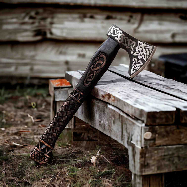Celtic Knotwork Viking Axe – Hand-Forged Bearded Battle Axe with Carved Handle