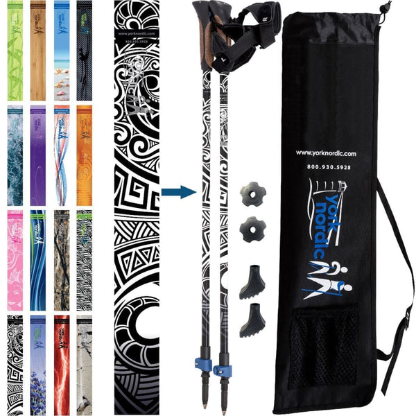 Official Nordic Walking Poles - True Nordic Glove Grip w-flip locks, detachable feet and travel bag - pair - For Heights up to 6’2”