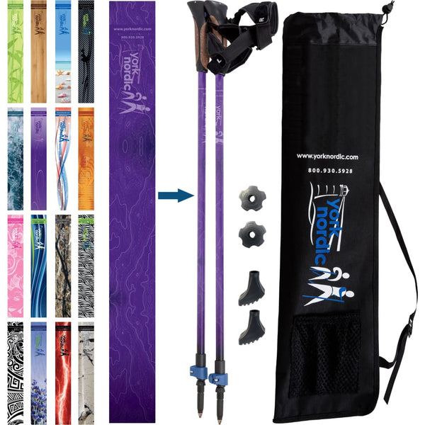 Official Nordic Walking Poles - True Nordic Glove Grip w-flip locks, detachable feet and travel bag - pair - For Heights up to 6’2”