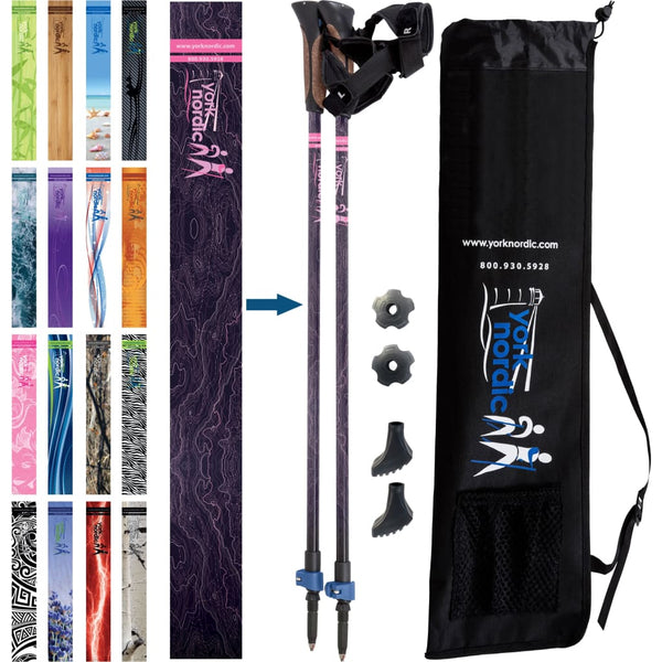 Official Nordic Walking Poles - True Nordic Glove Grip w-flip locks, detachable feet and travel bag - pair - For Heights up to 6’2”