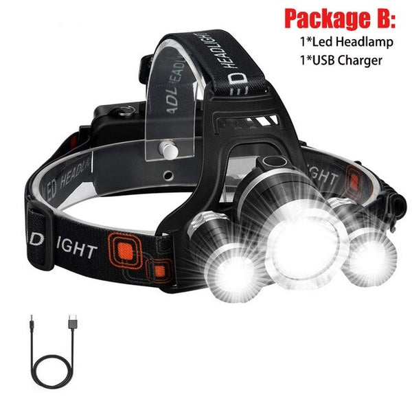 LED Headlamp High Lumens T6 Ultra Bright 3LED Headlight 4 Modes USB Rechargeable Waterproof Outdoor Flashlight Fishing Hunting