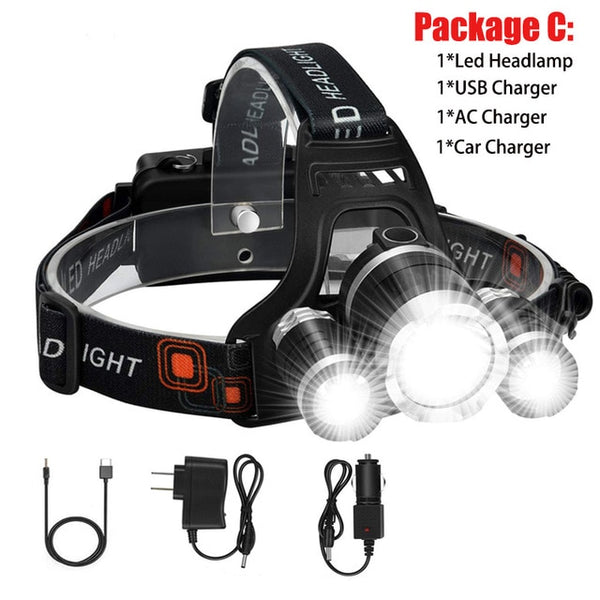 LED Headlamp High Lumens T6 Ultra Bright 3LED Headlight 4 Modes USB Rechargeable Waterproof Outdoor Flashlight Fishing Hunting