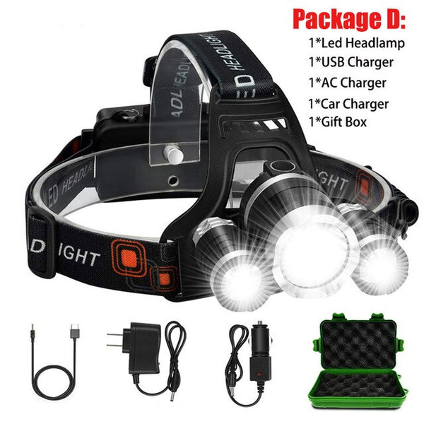 LED Headlamp High Lumens T6 Ultra Bright 3LED Headlight 4 Modes USB Rechargeable Waterproof Outdoor Flashlight Fishing Hunting